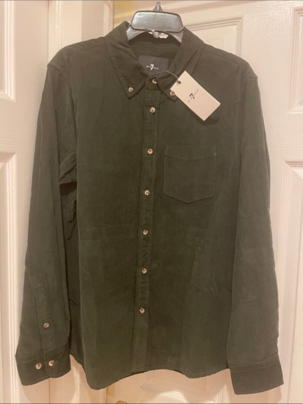 LUXURY NWT MEN'S 7 FOR ALL MANKIND DARK GREEN SOFT CORDUROY OXFORD SHIRT Size M
